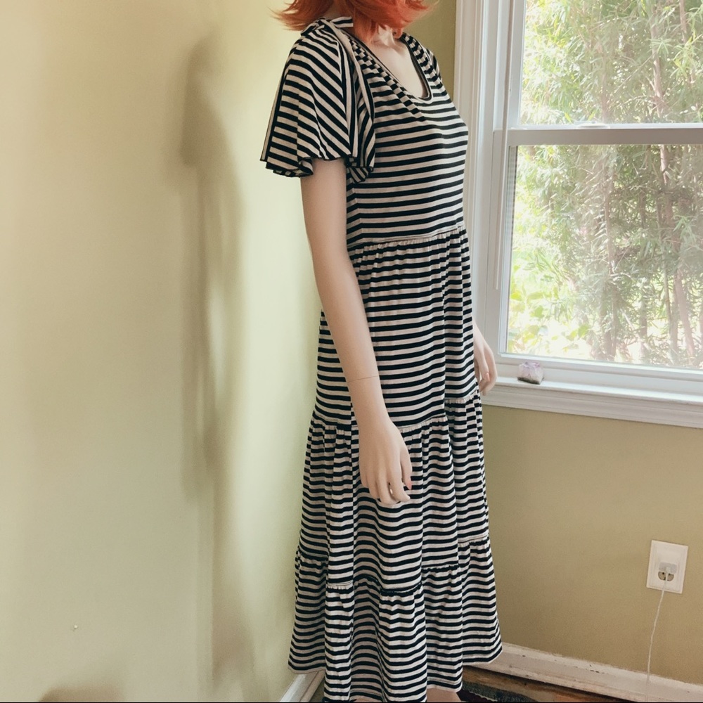 Rare Find! Suzanne Betro Black White Striped Flowy Midi Dress Ruffle Sleeve S - Picture 12 of 16